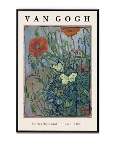 Framed Canvas Print Wall Art Butterflies And Poppies Flowers Painting Reproduction Ready To Hang Living Room Bedroom Kitchen Office Home Decor 16"x 24" Black Framed