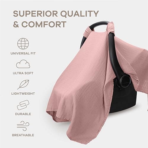 Comfy Cubs Baby Car Seat Cover - Soft, Breathable Bamboo Rayon and Muslin Cotton Blend - Lightweight Canopy for Sun, Bug, and Comfort Protection - Large Size Infant Seat Cover in Mauve Design — view 2