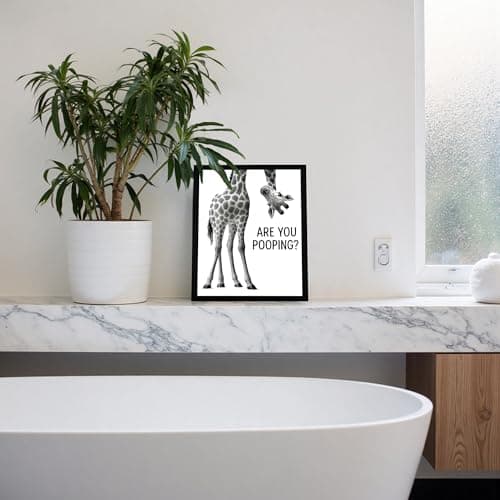 WRFON Framed Giraffe Bathroom Wall Art, Funny Giraffe With Are You Pooping Artwork Print, Black and White Animal Canvas Wall Painting, Modern Farmhouse Decoration for Home Decor, 8" W x 10" L — view 3