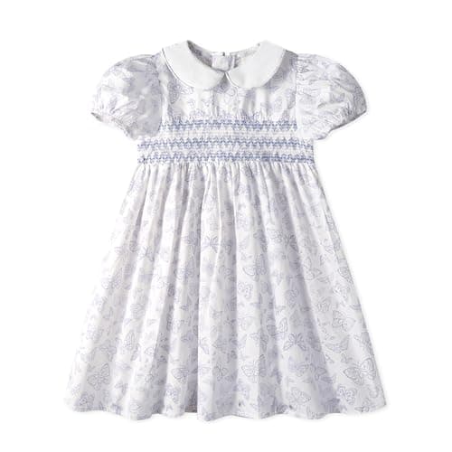 Miipat Toddler Girls Smocked Floral Dress Puff Sleeve Cotton Butterfly Print Kids Peter Pan Collar Summer Dress(BlueButterflyPrint,3-4T)