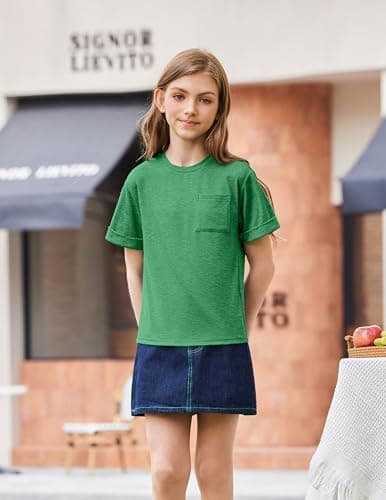 Arshiner Short Sleeve Shirts Girls Crew Neck Oversized Casual Loose with Pocket Tops Kids Cute Blouses for Girls Green 13-14 Years — view 4