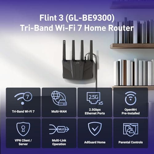 GL.iNet GL-BE9300 (Flint 3) Tri-Band WiFi 7 Router, High-Speed 6GHz Gaming WiFi Router for Wireless Internet, Long Range, 5 x 2.5G VPN Routers for Fiber Optic Modem, Computer Routers, Home & Business