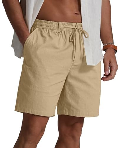 Sailwind Men's Linen Casual Shorts Drawstring Elastic Waist Summer Beach Shorts with Pockets Khaki — view 2