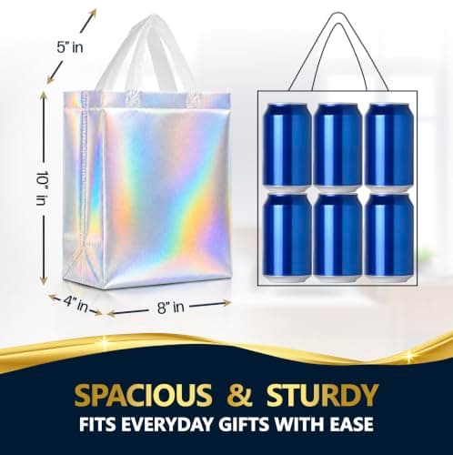 Nush Nush Iridescent Gift Bags Medium Size – Set of 12 Holographic Reusable Gift Bags With Handles - Perfect Goodie Bag for Birthday Party Favors, Bachelorette Gifts, Christmas Gifts – 8Wx4Dx10H — view 3