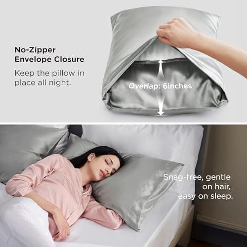 Bedsure Satin Pillowcase, Similar to Silk Pillow Cases Queen Size Set of 2, Cooling Pillow Case Covers with Envelope Closure, Room Decor Gifts for Women Men, Silver Grey, 20x30 Inches, 2pcs — view 4