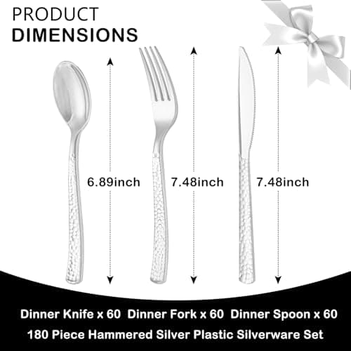 Supernal 180Pcs Silver Plastic Silverware Set, Elegant Hammered Design Heavy Duty Disposable Cutlery, Includes 60 Forks, 60 Knives, 60 Spoons,Silver Plastic Utensils for Wedding, Parties,Events — view 2