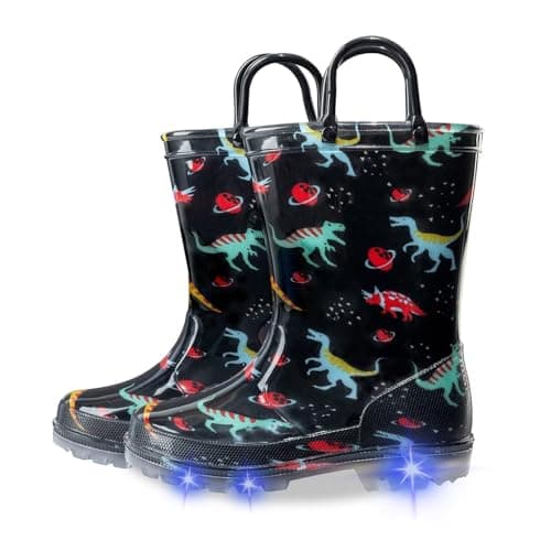 Toddler Rain Boots Kids Light Up Rain Boots for Boys Dinosaur Waterproof Patterns Rainboot with Easy Pull On Handles, Little Kid Size 12