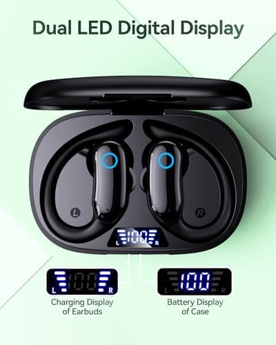 GNMN Active Noise Cancelling Ear Buds Wireless Earbuds 96hrs Playback Bluetooth Headphones Dual Battery Display Stereo Bass Earphones with Earhooks Microphone IPX7 Waterproof for Sports/Runing/Workout — view 3