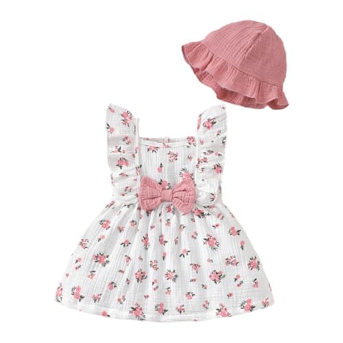 LUJENGEFA Baby Summer Outfits Clothes Casual Cotton Linen Bow Sundress Infant Dresses with Hat for Girls B-Pink 18-24 months
