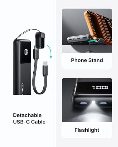 INIU Power Bank, Ultra Slim 10000mAh Portable Charger, 45W Fast Charging Chargeur Portatif with Detachable USB-C Cable & Stand, Flight-Safe Travel Battery Pack for iPhone 17 16, Samsung S26, iPad etc — view 3