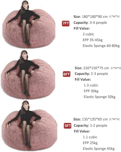 Bean Bag Chair Oversized Adult Plush Bean Bag Chair Cover Fluffy Faux Fur Washable DIY Soft Storage Seat for Reading, Gaming, Lounging, No fillers, Snow Black,5FT — view 3
