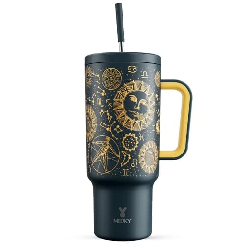 Meoky Tumbler with Straw and Lid for Car: Insulated 40oz Tumbler with Handle - 100% Leakproof Stainless Steel Water Bottle with Straw for Travel Road Trips - Commuters Drivers Workers, Tarot