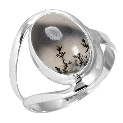 JEWELOPORIUM Gray Dendrite Opal Silver Ring Size 9, 925 Sterling Silver Ring for Women, Real Oval Gemstone Handmade Jewelry