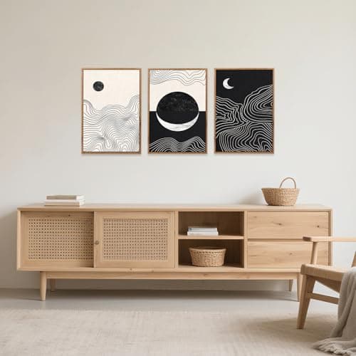 CHDITB Abstract Sun Moon Framed Canvas Art Prints Set(12"x16"), 3 Panels Modern Neutral Black and White Artwork Painting, Large Boho Minimalist Fine Line Wall Art Home Decor for Bedroom Living Room — view 4