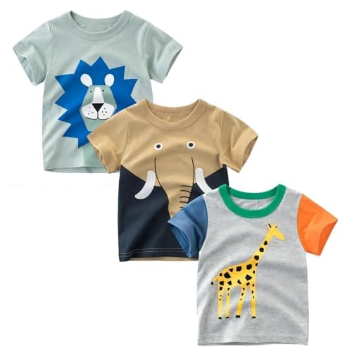 Winzik Boys Shirt Toddler Shirts Kids Boys’ Short Sleeve 3-Pack Crewneck Animal T-Shirt Summer Clothes 18M-8Y(2-3T, Lion Elephant Giraffe)