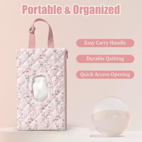 Hadnves Quilted Diaper Wipe Pouch Hanging Floral Wet Wipes Bag Reusable Fabric Cover with Zipper & Lanyard for Car Daily Casual Travel Mommy Bag (C) — view 5