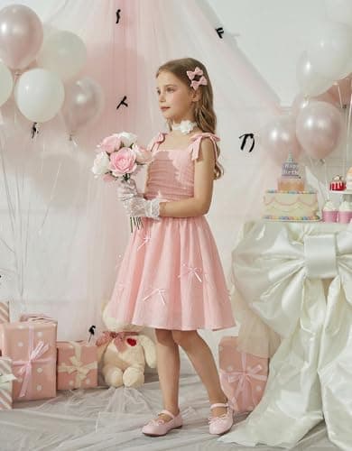 Arshiner Girls Summer Dress Pink Formal Special Occasion Casual Smocked Sleeveless Dresses for 9-10 Years — view 3