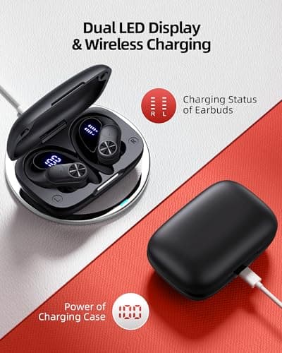 PocBuds Bluetooth Headphones Wireless Earbuds 80hrs Playtime Wireless Charging Case Digital Display Sports Ear Buds with Earhook Deep Bass IPX7 Waterproof Over-Ear Earphones for TV Phone Laptop Black — view 2