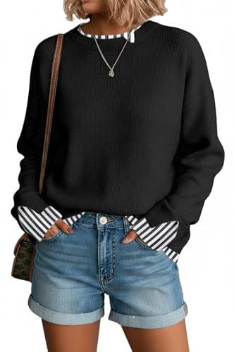 Disamer Womens Sweaters Fall Clothes Fashion 2026 Cowboy Chic Knit Cozy Sweater School Teacher Outfits Long Sleeve Pullover,Striped Black,Medium — view 3