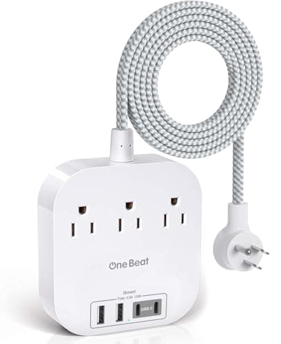 One Beat Power Strip with USB C, 3 Outlets 4 USB Ports, 10ft Braided Extension Cord, 22.5W Desktop Charging Station, Flat Plug, Non Surge Protector, Home Office Cruise Travel, ETL Listed, White