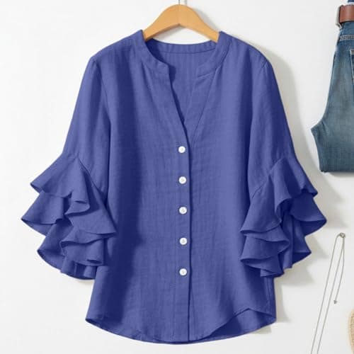 3/4 Ruffle Sleeve Cotton Linen Shirts for Women Dressy V Neck Beach Tunic Tops Elegant Summer Casual Work Blouses Sky Blue — view 6