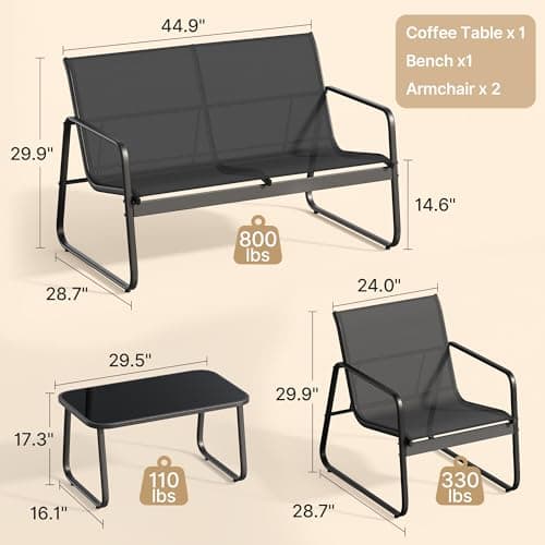 Gizoon 4 Piece Patio Furniture Set, Outdoor Patio Furniture with Loveseat and 2 Single Chairs, Bistro Table and Chairs Set for Backyard, Balcony, Lawn,Black — view 2