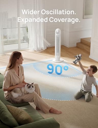 DREO Tower Fan for Bedroom, 2026 Upgraded DC Motor, 28ft/s High Velocity, 20dB Ultra Quiet Standing Fan, 8 Speeds 4 Modes, 90° Oscillating Bladeless Fan for Indoors, Floor Fans with Remote, White — view 4