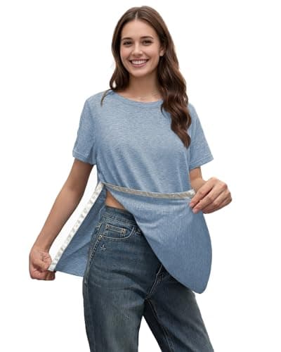 DOSWODE Post Shoulder Surgery Shirts for Women Tear Away Side Snap Short Sleeve Chemo Port Shirts Adaptive Clothing, Light Blue, Medium — view 6