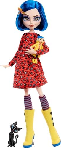 Monster High Skullector Doll, Coraline Collectible in Yellow Raincoat with Dress and Accessories Like Rag Doll, Cat Figure, and Doll Stand — view 4
