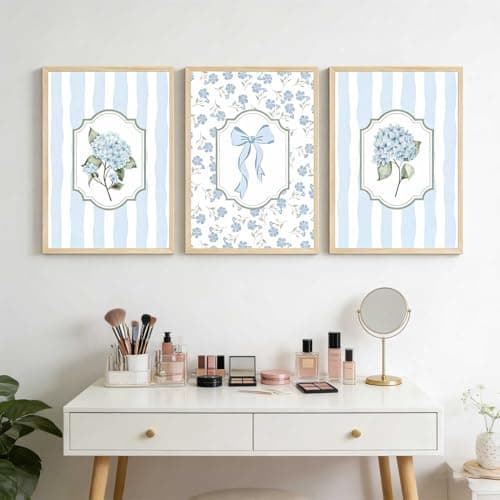 3Pcs Blue Hydrangea Wall Art Trendy Light Blue Striped Watercolor Bow Coquette Pictures Wall Decor Coastal Flower Botanical Aesthetic Posters Prints for Girls Bedroom Dorm Apartment Unframed 12x16in — view 4