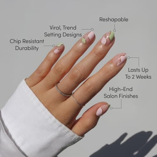 Glamnetic Press On Nails - Short Oval Fake Nails, Pink & Green Swirl Nails with Gold Foil Accents, Strawberry Matcha | 15 Sizes - 30 Nail Kit with Glue — view 2