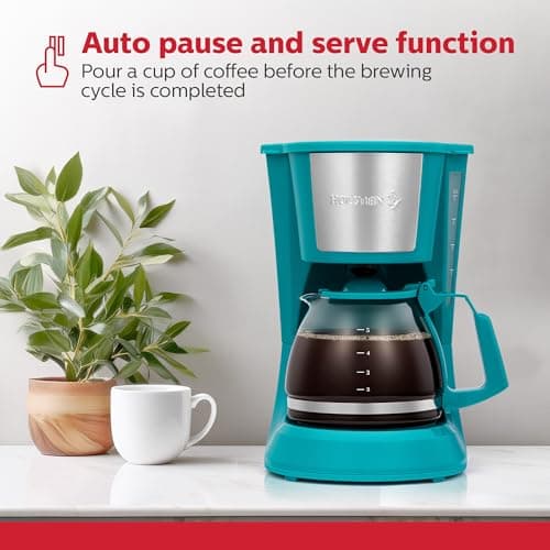 Holstein Housewares 5 Cup Drip Coffee Maker – Compact and User-Friendly with Auto Pause & Serve, Reusable Filter, Measuring Spoon & Glass Carafe, Office & Dorm Use, Teal — view 3