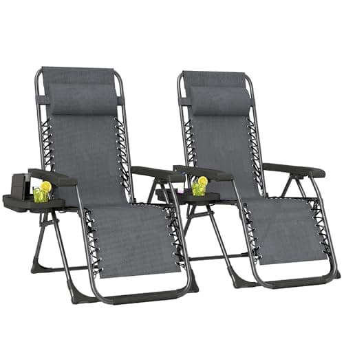Outsunny Zero Gravity Chair Set of 2, Adjustable Reclining Outdoor Lounge Chair with Cup Holder, Folding Recliner Patio Chairs with Headrest for Patio, Pool, Camping, Dark Grey