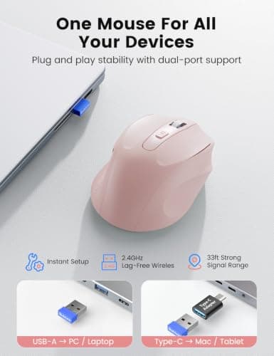 Pink Wireless Mouse for Laptop, 2.4GHz Computer Mouse with USB-A Port &USB-C Adapter, Cordless Office Mice with 6 Buttons & 3 Level DPI for Small to Medium Hands, Work with PC, Desktop, Tablet - M21 — view 5
