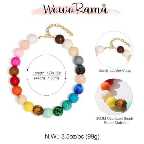 WOWORAMA Colorful Chunky Necklaces for Women Oversized Multicolor Resin Beads Choker Necklace Large Bold Statement Beads Ball Necklace Boho Holiday Jewelry — view 5