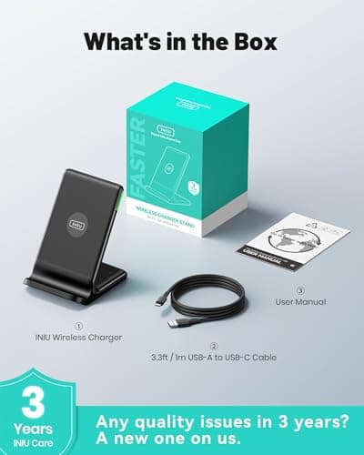 INIU Wireless Charger, 15W Fast Wireless Charging Station with Sleep-Friendly Adaptive Light Compatible with iPhone 17 16 15 14 13 12 Pro Max Samsung Galaxy S25 S24 S23 Note 20 Google etc — view 7