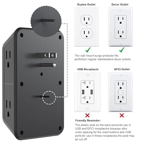 JcBlaon Outlet Extender Surge Protector - 6 Outlet Splitter with 4 USB Ports (2 USB C), Multiple Plug Expander Wall Charger, 3 Sided Multi Plug Wall Adapter Power Strip for Home Office Travel-ETL — view 4
