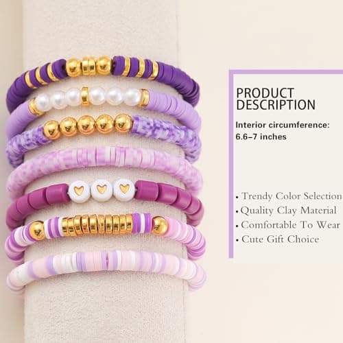 CCINPPY Friendship Bracelets Trendy Heishi Clay Bead Bracelets Stack Gold Beaded Stretch Bracelets for Women Boho Stackable Bracelets Bulk Cute Preppy Jewelry, Purple — view 2