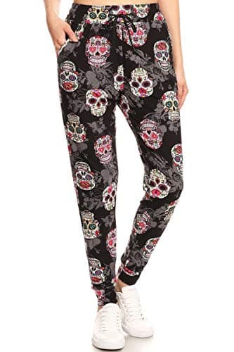 Leggings Depot Women's Popular Print High Waist Premium Jogger Track Pants(S-3X) BAT1, Locked Skull, X-Large