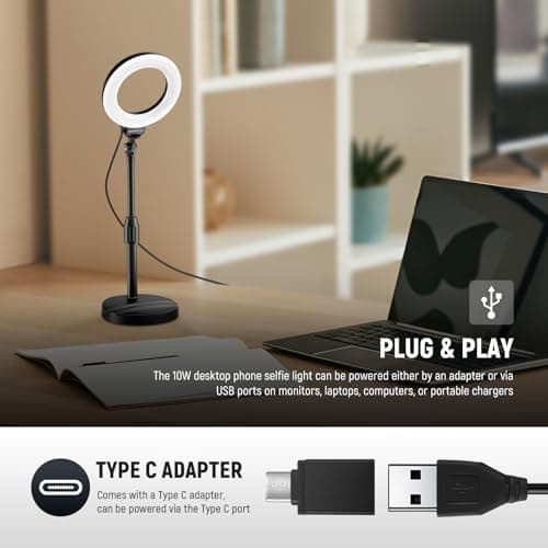 NEEWER Basics 5"/13cm Desk Ring Light with Stand, Phone Holder Base, 10W LED Selfie Light Compatible with iPhone for Video Recording Laptop Webcam Zoom Video Conference Lighting Makeup, Black BR60 — view 4