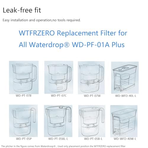 WTFRZERO Replacement Filter for Waterdrop® WD-PF-01A Plus, Reduces PFOA/PFOS, Chlorine, Compatible with Waterdrop® Pitchers, Lasts 3 Months or 200 Gallons