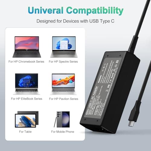 65W USB C Laptop Charger Compatible with HP Chromebook/Lenovo/Dell/Acer and More Chromebook Type C Power Cord — view 3