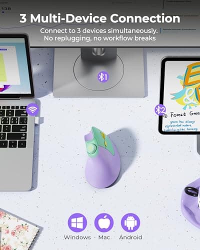 seenda Ergonomic Mouse Wireless, MOU-302 Bluetooth Vertical Mouse Rechargeable, Volume Knob, Silent Mice & 1000/1600/2400 DPI, 3 Multi-Device Connection for Windows/PC/Laptop/Mac/MacBook, Purple — view 5