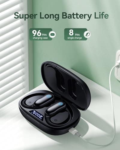 GNMN Active Noise Cancelling Ear Buds Wireless Earbuds 96hrs Playback Bluetooth Headphones Dual Battery Display Stereo Bass Earphones with Earhooks Microphone IPX7 Waterproof for Sports/Runing/Workout — view 2