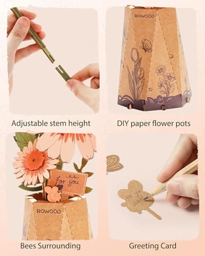 rowood 3D Puzzles for Adults,DIY Wooden Flower Building Craft Kits for Women,Christmas/Birthday Gift- Orange Gerbera Daisy — view 4