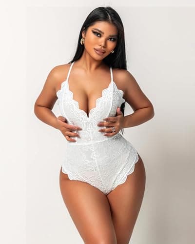 Avidlove Women One Piece Lingerie Deep V Teddy Sexy Lace Bodysuit Snap Crotch Babydoll(Double Layers - White,L) — view 3