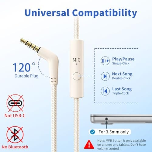 Botesty Sound Headphones Wired with Microphone, Over Ear Foldable 3.5mm Plug in Headphones Corded with 4.9ft Tangle-Free Nylon Cord for Tablet, Laptop, MP3/4, School, Airplane Travel (Beige) — view 4