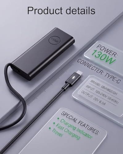 130W USB C Laptop Charger Compatible with Dell Precision 5530 5550 5560 5570 5750 5760 5770,Latitude 5401 5411 5501 5511 5520,XPS 15 17 9575 9500 9700 Power Supply Cord (DA130PM170 HA130PM170 0K00F5) — view 3