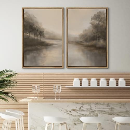 SIGNWIN Framed Canvas Print Wall Art Set Calm Misty Riverside Forest Landscape Illustration Modern Art Minimalism Decorative for Living Room, Bedroom, Office - 16"x24"x2 Natural — view 3