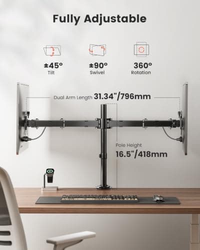 ErGear Dual Monitor Desk Mount, Fully Adjustable Dual Monitor Arm for 2 Computer Screens up to 32 inch, Heavy Duty Dual Monitor Stand for Desk, Holds up to 17.6 lbs per Arm, EGCM1 — view 4